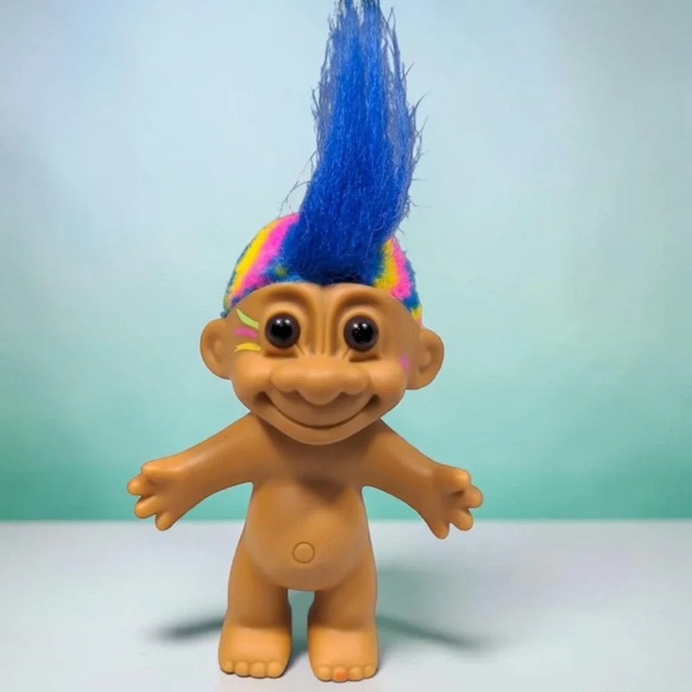 Vintage‎ Russ Troll Doll 90s Rockstar Blue Hair Rainbow Mohawk Face Paint 3 inch